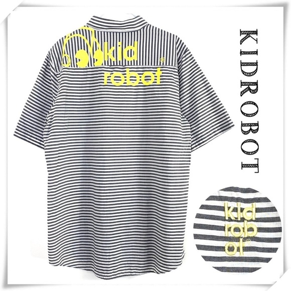 KIDROBOT Large Logos Stripe Short Sleeve Casual Button up Shirt Gray with White - Picture 1 of 7